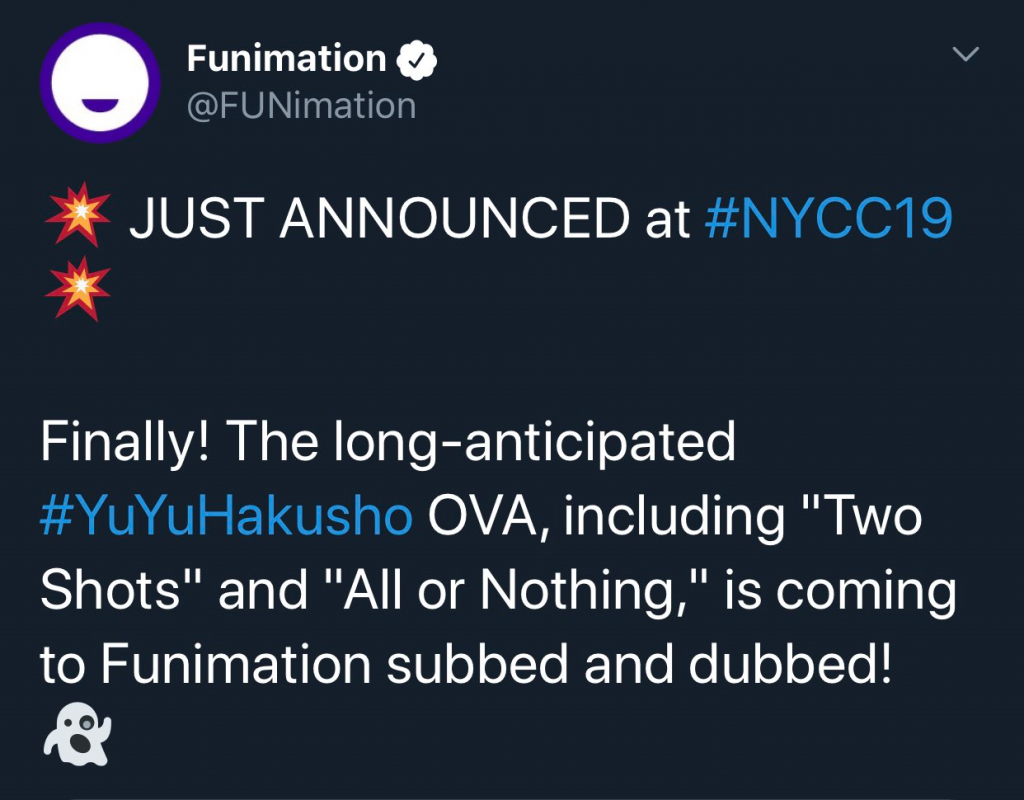 Tweet: Funimation Announced Yu Yu Hakusho OVA Coming Subbed and Dubbed to Funimation Now soon