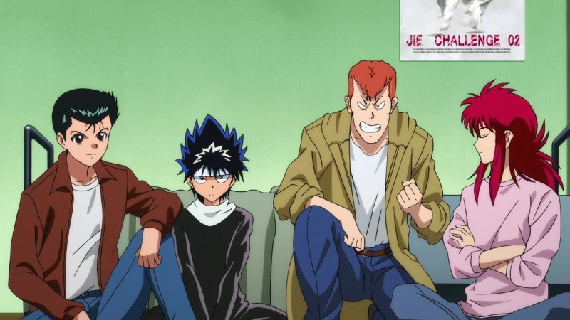 Team Urameshi - Yusuke, Kuwabara, Hiei, and Kurama sitting on a couch in a scene from the 2018 Yu Yu Hakusho OVA.