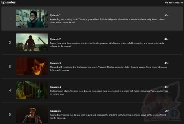 A screenshot from Netflix of the 5 Yu Yu Hakusho episodes available to stream