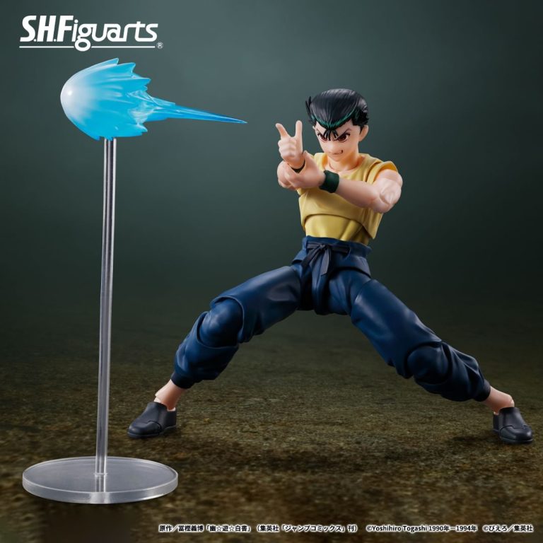 The SHFiguarts Yusuke Urameshi figure in a wide angled shot of his spirit gun attack