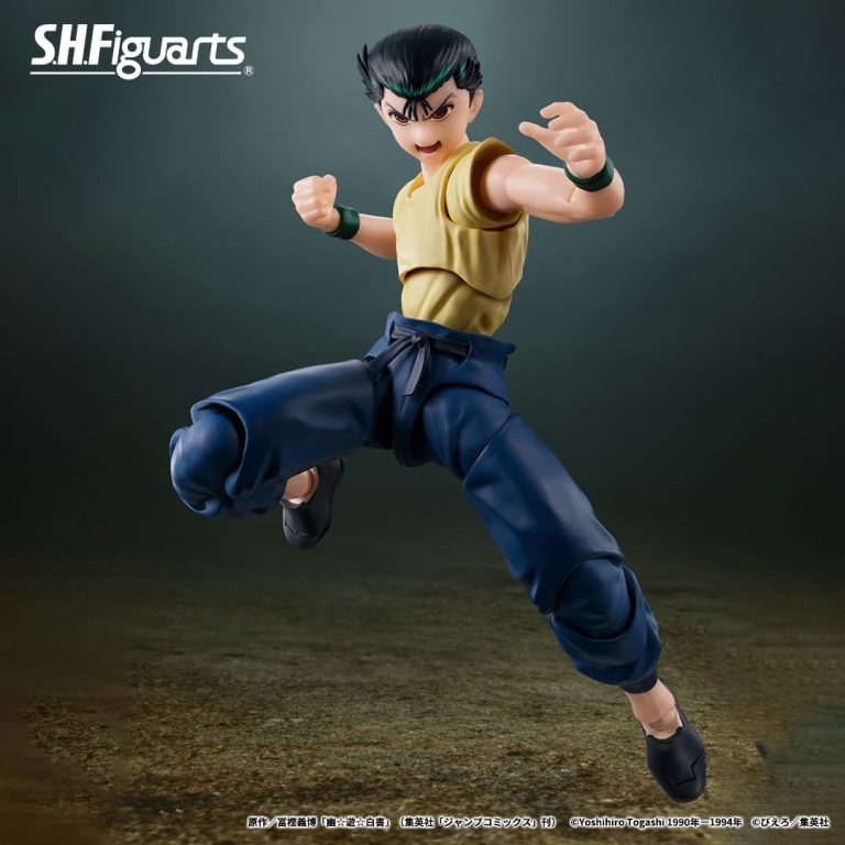 The SHFiguarts Yusuke Urameshi figure jumping in the air with a fight pose