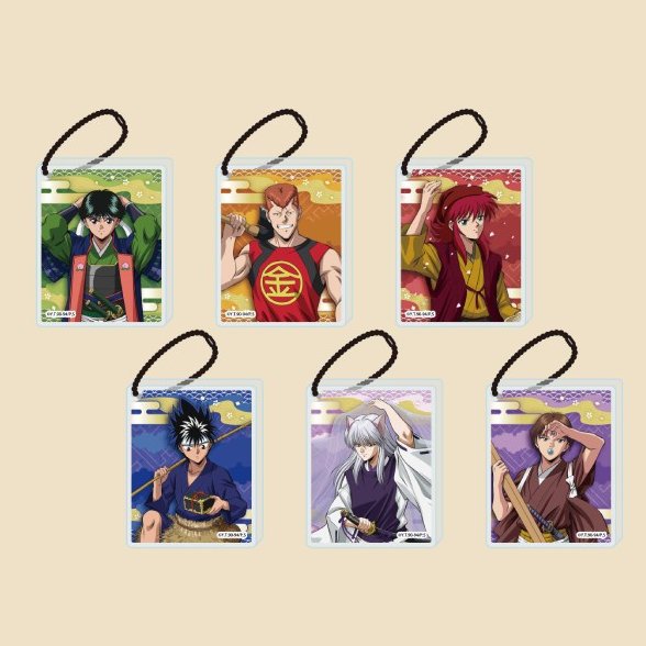 Six Yu Yu Hakusho acrylic block keychains of Yusuke, Kuwabara, Kurama, Hiei, Yoko Kurama and Koenma, from the official goods poster