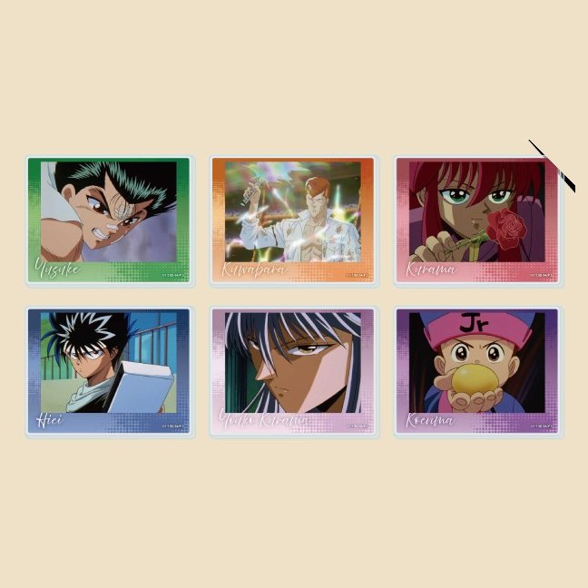 Six Yu Yu Hakusho acrylic cards with anime style scenes and a name tag on each, from the official goods poster