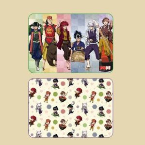 Two Yu Yu Hakusho pop-up blanket designs: one with the six characters in colour blocks and one with a mini-character pattern, from the official goods poster
