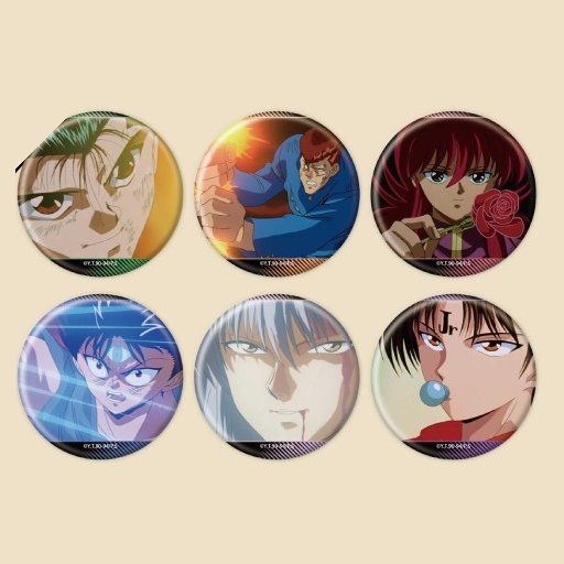 Six 57 millimetre can badges with Yu Yu Hakusho close-up character art, from the official goods poster