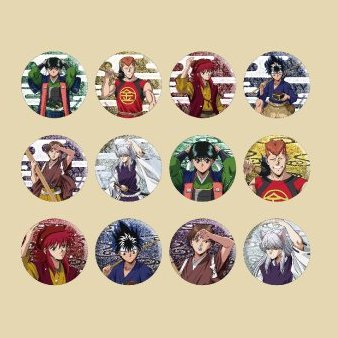 Twelve sparkle finish can badges of the Yu Yu Hakusho cast in folk-tale outfits, from the official goods poster