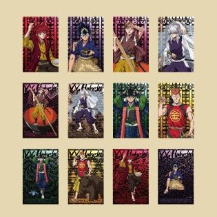 Twelve metal cards of Yu Yu Hakusho characters with patterned foil backgrounds, from the official goods poster