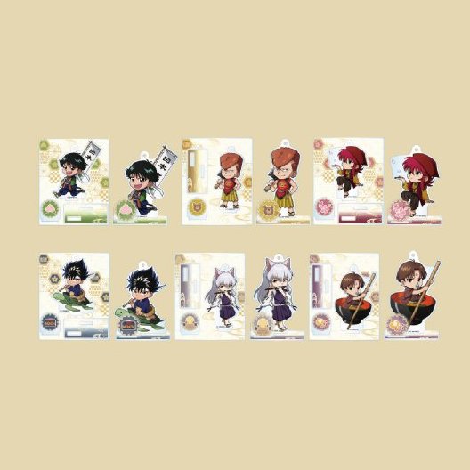 Six compact Niitengo style acrylic stand figures of the Yu Yu Hakusho cast with decorated bases, from the official goods poster
