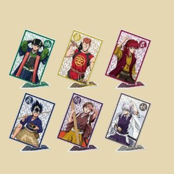 Six card shaped acrylic stands of the Yu Yu Hakusho cast tilted on stands, from the official goods poster